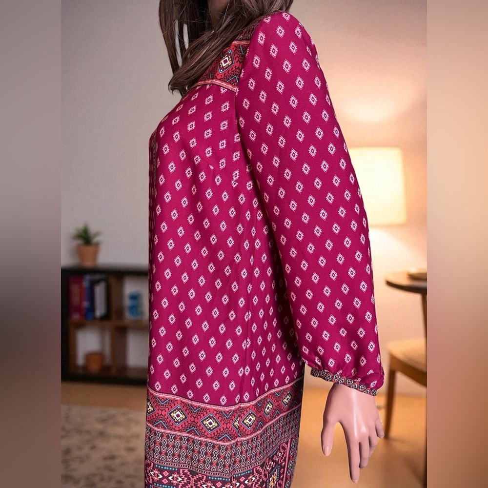 Loft diamond mozaic shift dress size S. Dark pink. Aztec Geometric Print. Boho. - Picture 8 of 10